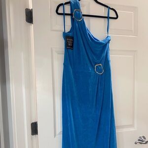 NWT Boston Proper Malibu Blue Hardware Detail One Shoulder Knit Dress